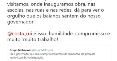 Artigo: Jaques Wagner parabeniza Rui pelo resultado de pesquisa
